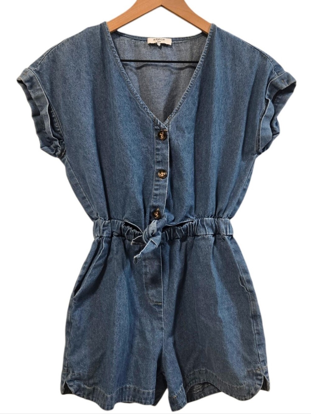 FRNCH Paris 100% Cotton V-neck Tie Crop Waist Denim Romper XS